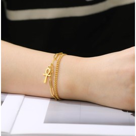 EUEAVAN Ankh Cross Bracelet for Women Egyptian Adjustable Ankh Bangle Religious Cross Anklet Protection Amulet Ancient Egypt Jewelry, One size, Stainless Steel, No Gemstone