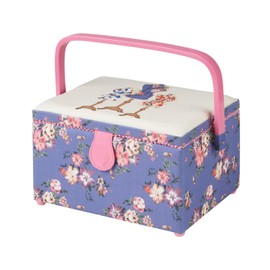 Medium Sewing Box with Compartments in a Purple Floral Fabric with a Dressmaker's Dummy Appliqué Lid. 18.5 x 26 x 15cm. Sewing Online GA1115M