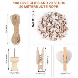 Pack of 100 Heart Clothes Pegs, Mini Wooden Pegs, White with 20 m Jute String and 20 Picture Needles, Small Clips for Hanging Photos, Wooden Clothes Pegs, Small for Photos, Photo Wall, Postcards