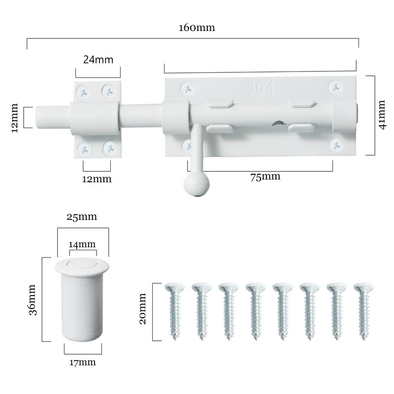 Barrel Bolt Latch, Slide Bolt Gate Latch, 6.3 Inch White