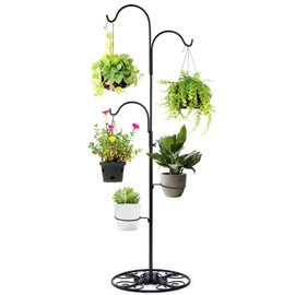Blulu 34-55 Inch Adjustable Black Iron Shepherd Hook with Base Indoor Outdoor Hanging Plant Stand Wind Chime Stand Bird Feeder Flower Basket for Garden Plants Weddings Event Home Christmas Decor