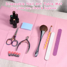 SUTOKAKA 50Pcs Disposable Nail Art Table Mat, Pink Foldable Wood Pulp Paper Table Towels for Acrylic Nail Practice, 3 Ply Waterproof Clean Pads Nail Table Cover Supplies for Salon Manicure