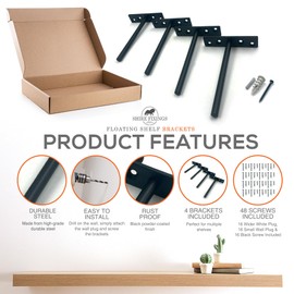 Heavy Duty Floating Shelf Bracket - Invisible Hidden Shelf Supports for Concealed Wood Shelves - Solid Steel Wall Mounted Black Shelf Bracket for Drywall & Concrete Wall (150 mm / 6 Inches, Pack of 4)