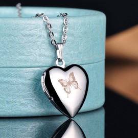 Yumilok Stainless Steel Butterfly Photo Locket for Opening Photo Pictures Amulet Silver Pink Blue Heart Pendant Necklace Pendant for Women Girls, Stainless Steel, No Gemstone