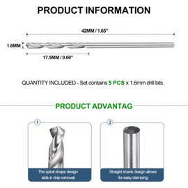 METALLIXITY Drill Bit (1.6mm) 5Pcs, 4241 High-Speed Steel Straight Shank 118° Uncoated Bright Finish Drill Bit for Wood Plastic Iron Copper Aluminum Low Soft Metal