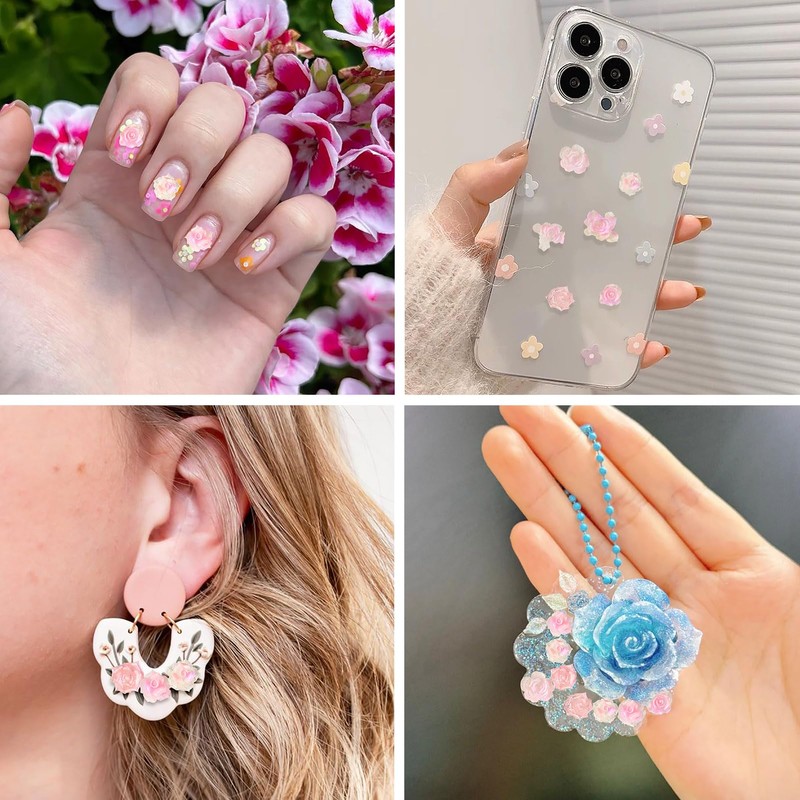 200Pcs Mini Pink Flower Charms for Crafts 3D Rose Flower