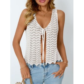 Crochet Tops for Women Summer Vacation Outfits Beach Cover Up Tie Front Going Out Vest Vintage Casual Streetwear (A-White, M)