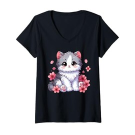 Womens Cute Kawaii Cat with Cherry Blossoms Anime Cartoon Design V-Neck T-Shirt