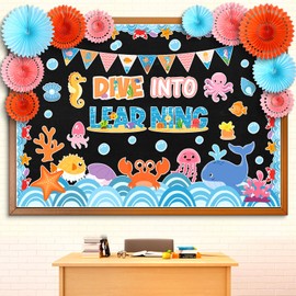 Eersida Spring Easter Bulletin Board Decorations with Paper Fans 3D Christian Classroom Bulletin Board St Patricks Day Flower Bunny Cutouts School VBS Library Church Window Wall Decor(Ocean)