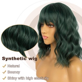 LANCAINI LANCAINI Dark Green Short Bob Wigs with Bangs for Women Loose Wavy Wig Curly Wavy Shoulder Length Bob Synthetic Cosplay Wig for Girl Colorful Costume Wigs