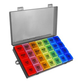 Weekly Pill Organizer 4 Times a Day, 7-Day Pill Boxes, Monthly Medication Organizer 28 Days Portable Compartments & Moisture-Proof Black Outer Case for Vitamins, Fish Oils, Supplements(Color)