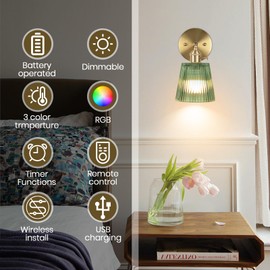 Battery Operated Wall Sconce,Vintage Battery Wall Light with Remote Dimmable Wireless Wall Sconces with Glass Lampshade Rechargeable, Led Wall Lamp Fixtures for Bedroom, Living Room (Stripe Green)