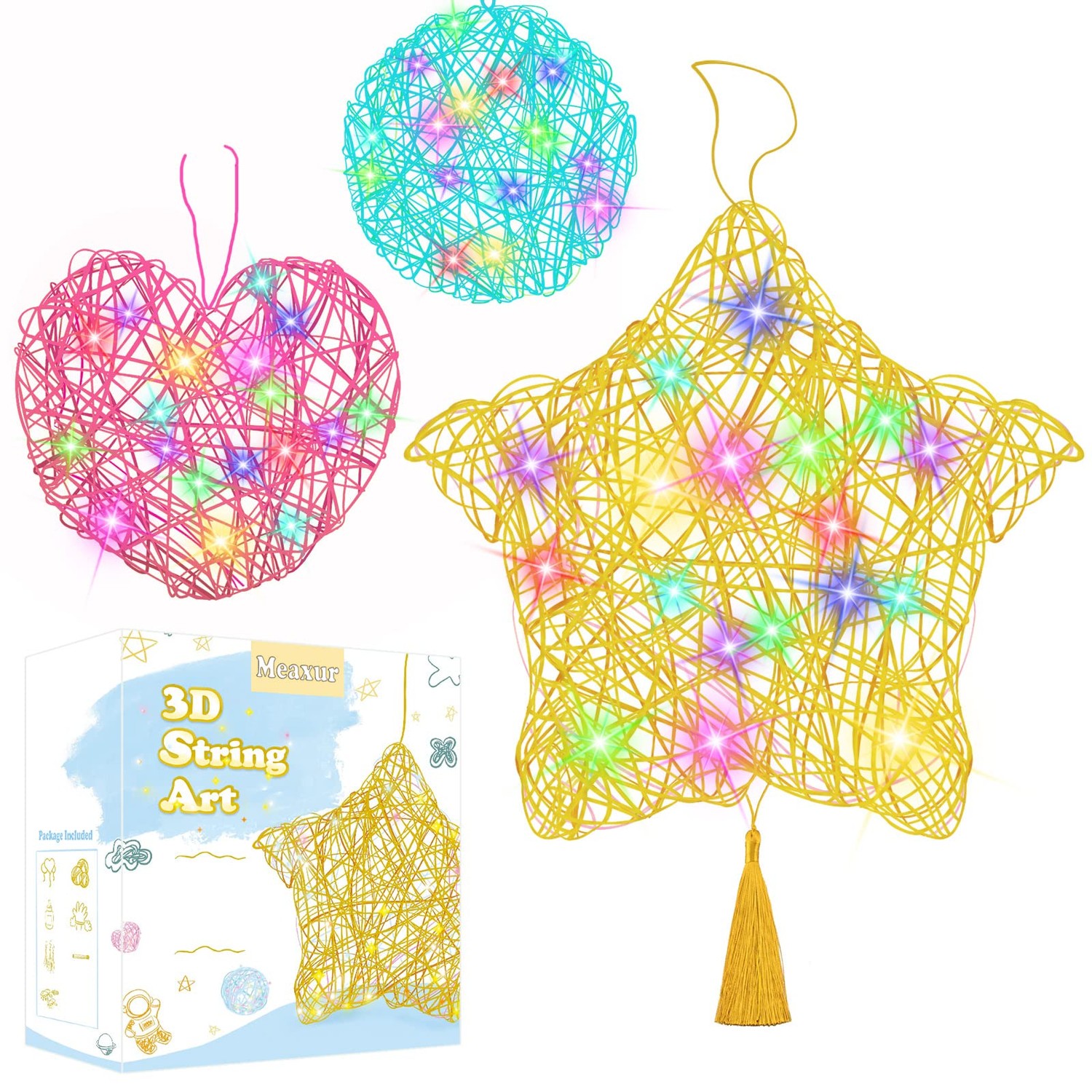 Arts and Crafts for Kids Ages 6-12, 3 Pack 3D String Art Kit for Girls,Christmas  Birthday Gifts for 8 9 10 11 12 Year Old Girls and Boys Heart Star round  Lantern 20 Multi-Colored LED Bulbs
