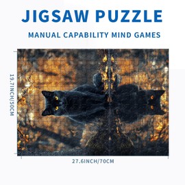 Black cat Sitting by The Lake 1000 Piece Jigsaw Puzzles for Adults Autumn Forest Background Art Puzzle Challenging Family Activity Games Colorful DIY Craft Puzzle for Home Decor Gifts 50×70cm