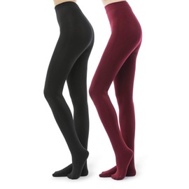 WAKUNA 2 Pairs Fleece Lined Tights for Women - 100D Opaque Warm Winter Pantyhose (L,1Black1Burgundy Red)