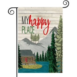 Qinqingo 12.5 x 18 Inches Garden Flag Beautiful Lake View Vacation Green Trees Mountain Double Sided My Happy Place Printing Decorative House Yard Flag Garden Outdoor Decoration