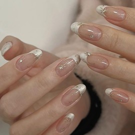 White French Tip Press on Nails Medium Almond Fake Nails Star Sparkling Glitter Handmade Press ons False Nails Almond Shape Cute Acrylic Stick on Nails Cross Star False Nails Tip for Women 30PCS