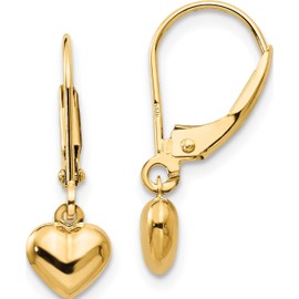 14K Yellow Gold Madi K Puffed Polished Heart Drop Leverback Earrings (21 X 6) Made In United States se945