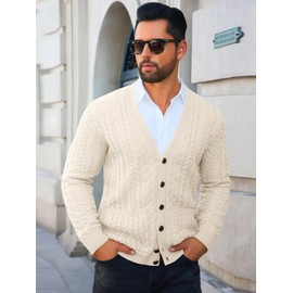 Runcati Mens Cardigan Sweater Casual Cable Knitted V Neck Button Down Winter Chunky Sweaters White