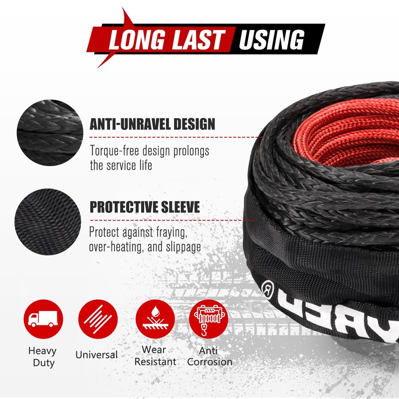 FIERYRED 3/16inch 50FT 8500LBS Synthetic Winch Rope Cable Kit with