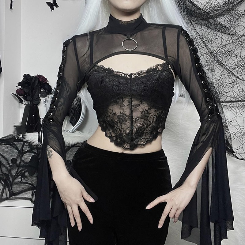 Women Goth Crop Tops Gothic Punk Fishnet Cover Up Bell