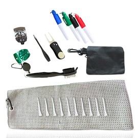 Golf Club Cleaning Kit - Golf Club Polishing Kit - Golf Cleaning Kit - Golf Club Cleaner Kit - Golf Starter Kit - Divot, Pouch, Microfiber Towel, and Golf Ball Aligning Kit (Grey/Black)