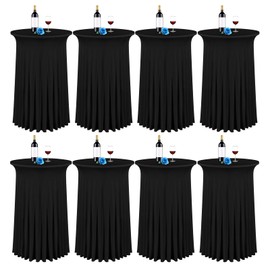 8 Packs 32"x 43" Round Cocktail Table Skirt,Spandex Stretch Cocktail Tablecloth with Wavy Drapes, Spandex Fitted High Top Table for Bar Party Banquet Wedding Birthday Table(Black)