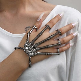 Ximimark 2 pcs Fashion personality punk skull hand bone Joker five-finger ring bracelet adjustable one chain…