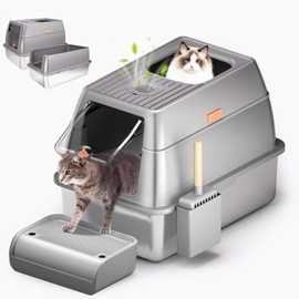 Stainless Steel Cat Litter Box with Lid, XL Extra Large Litter Box for Big Cats, Enclosed Metal Litter Box with Removable High Sided Enclosure, Scoop & Ramp, Anti-Leakage, Non-Sticky(Dark Grey)