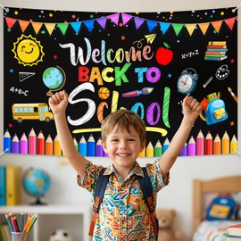 Welcome Back to School Banner Decorations 5.9x3.6Ft First Day of Preschool Photography Backdrop Colorful Pencil Flags Back to School Classroon Decorations Banner 71inch×43inch(Polyester)