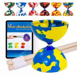 Juggle Dream Jester Diabolo Juggling Set - Fixed Axis Professional Diabolo with Wooden Handsticks, Online Learning Video - Juggling Toy (Blue/Yellow)