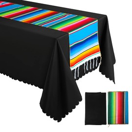 Tudomro 2 Pcs Mexican Table Runners with Fabric Rectangle Tablecloth Cotton Mexican Blanket 13.5 x 108 Inch Polyester Table Cover 54 Inch x 108 Inch for Cinco De Mayo Fiesta (Black)