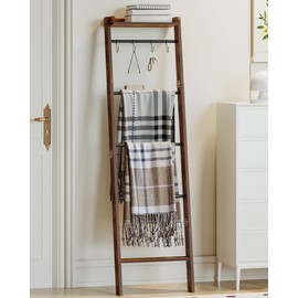 Hzuaneri Blanket Ladder Shelf for Living Room, Decorative Quilt Rack with Storage Shelf, 6-Tier Farmhouse Ladder Holder Organizer with 4 Removable Hooks for Bedroom, Rustic Brown and Black BR35801B