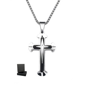 KONFEN Cross Necklace for Men Women, 3mm * 24" 304 Stainless Steel Cross Pendant Toretto Chain, 60cm Multi-layer Crucifix Necklaces, Mens Hip Hop Punk Gift for Man Women Boys (Silver and Black)