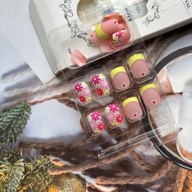 Spring Press on Nails French Tip Fake Nails Yellow Tip False Nails with Pink Blossoms Designs Flower Glue on Nails Nude Pink Stick on Nails Full Cover Cute Acrylic Nails Matte Artificial Nails