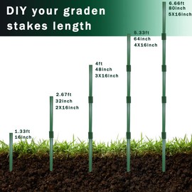 7/16" Garden Stakes,60pcs 16" Plant Stakes DIY 3ft 4ft 5ft 6ft Plant Support Sticks,Plant Support Stake with Sturdy Steel Core to Build Plant Trellis for Outdoor Garden Vegetables