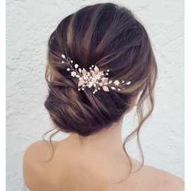 Jeairts Leaf Bride Wedding Hair Comb Rhinestone Pearl Bridal Hair Pieces Flower Wedding Headpiece for Brides Crystal Hair Accessories for Women and Girls (3-Rose Gold)