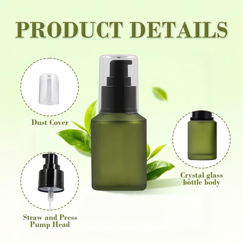 60ml/2OZ Refillable Glass Pump Bottle Frosted Green Cosmetic Makeup Emulsion