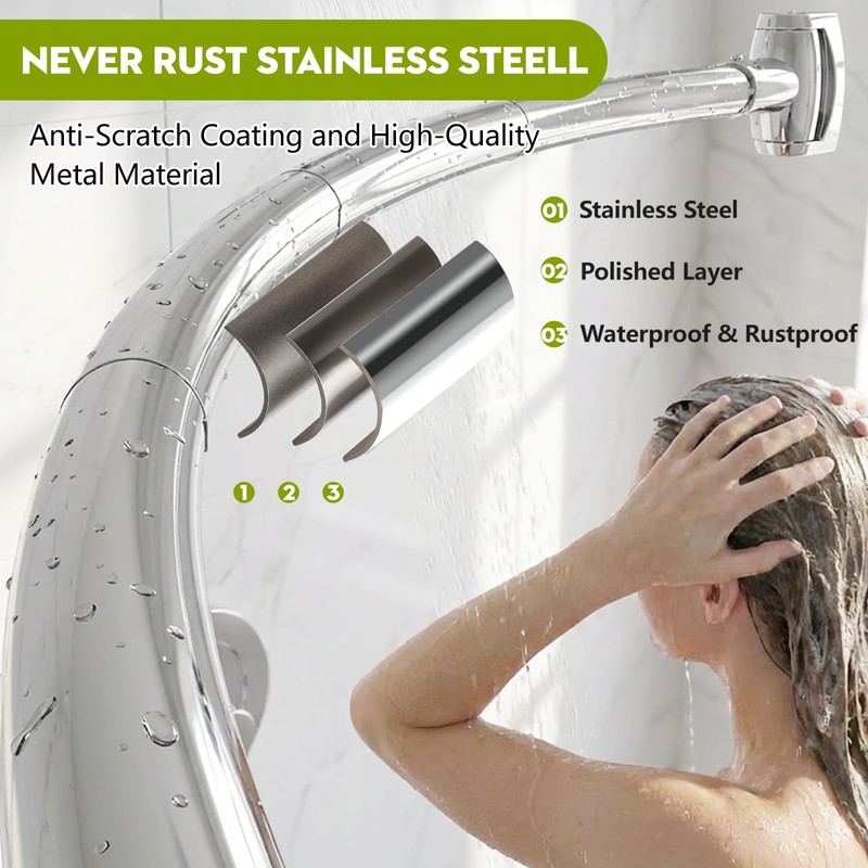Curved Shower Curtain Rod， Adjustable 33-78 Inches Silver All Stainless