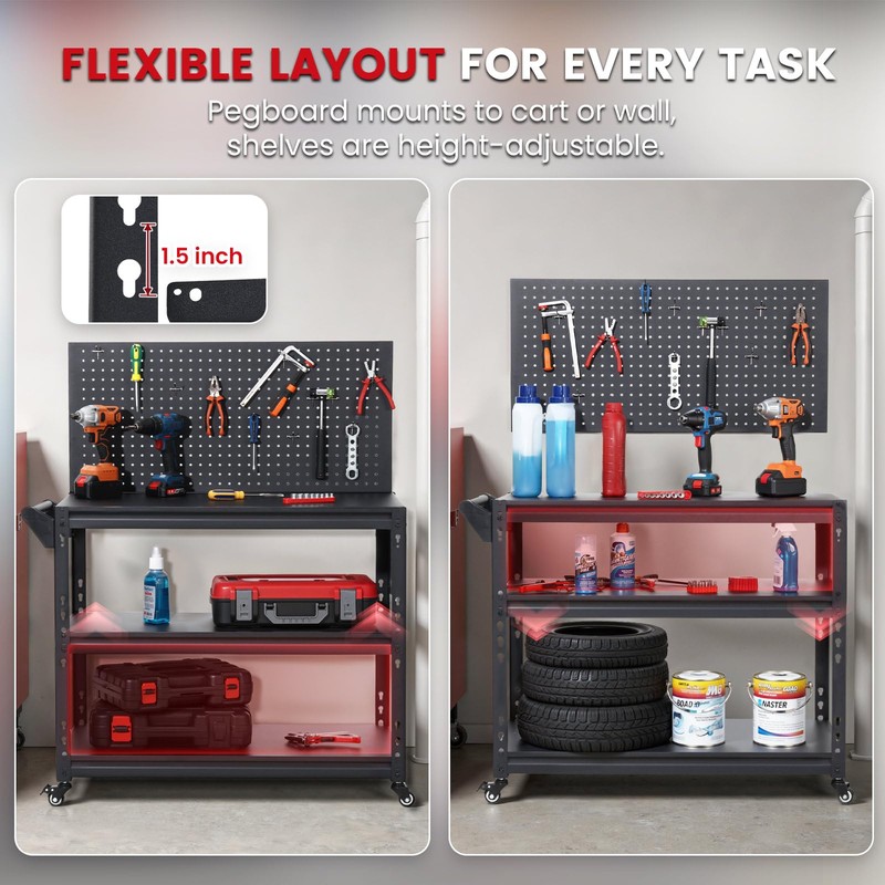 ENJOYWOOD Workbench with Dual Pegboards 3-Tier Adjustable Rolling Work Table