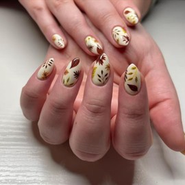 Fall Press on Nails Medium Almond Fake Nails Maple Glue on Nails Milk White Leaf Stick on Nails Glossy Reusable Thanksgiving False Nails for Women Girls Autumn Manicure 24PCS