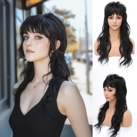 SeclitWu 80s 90s Retro Black Mullet Wigs Pixie Cut Wigs with Bangs for Women Wolf Cut Wig 22 Inch Synthetic Heat Resistant Fiber Wavy Costumes Cosplay Hair Wig for Daily Party Use (Black)