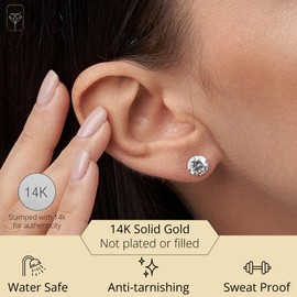MAX + STONE 14k Solid White Gold Stud Earrings for Women & Men with CZ | Real 14k Gold Cubic Zirconia Earrings Studs with Secure Butterfly Backs | Anti-Tarnishing Cubic Zirconia Studs | Size - 7.5MM