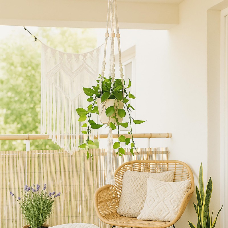 Relaxdays Macrame Hanging Basket, Set of 7, Boho Hanging Basket,