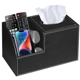 PU Leather Square Tissue Box Cover - Multi-Functional Tissue Box Holder, Tissue Box Cover with Storage,Tissue and Remote Control Holder, Cube Tissue Box Organizer Bedroom Nightstand End Table