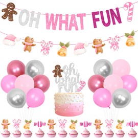 Christmas Oh What Fun It Is to Be One Birthday Decorations Pink Oh What Fun Banner Gingerbread Man Santa Hat Garland Cupcake Toppers for Girl Winter Xmas Christmas 1st 2nd 3rd Birthday Party Supplies