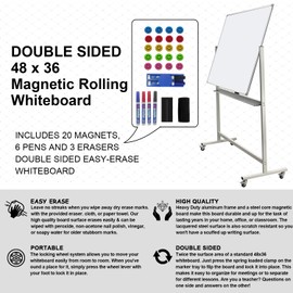 Double-Sided Mobile Whiteboard Magnet Dry Erase Board on Wheels - Aluminum Frame Magnetic Portable Stand Whiteboard- 48"x36" Rolling White Boards with Easy Flip Feature