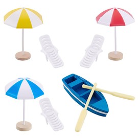 HOBBIESAY 6Pcs Tiny Beach Umbrella Decor 6Pcs Mini Beach Chair Model 1 Set Mini Boat Miniature Beach Lounger DIY Accessaries for Yard Garden Swimming Pool Furniture Craft Prop Home Decor