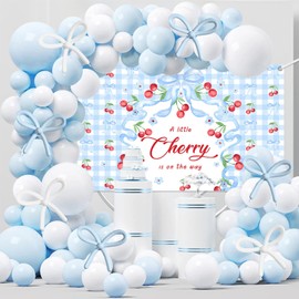MEHOFOND Blue Cherry Bow Baby Shower Party Decorations, Coquette a Little Cherry is on the Way Banner Backdrop, Blue and White Balloons Arch Kit, Cherry Bowknot Grid Baby Shower Balloons Garland Decor