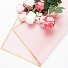 Whaline 20 Sheet Floral Wrapping Paper-Not Roll Pink Waterproof Flowers Bouquet Supplies Gift Wrap Paper with Gold Edge Packaging Paper for Wedding Birthday Florist DIY Craft, 22.8 x 22.8 In
